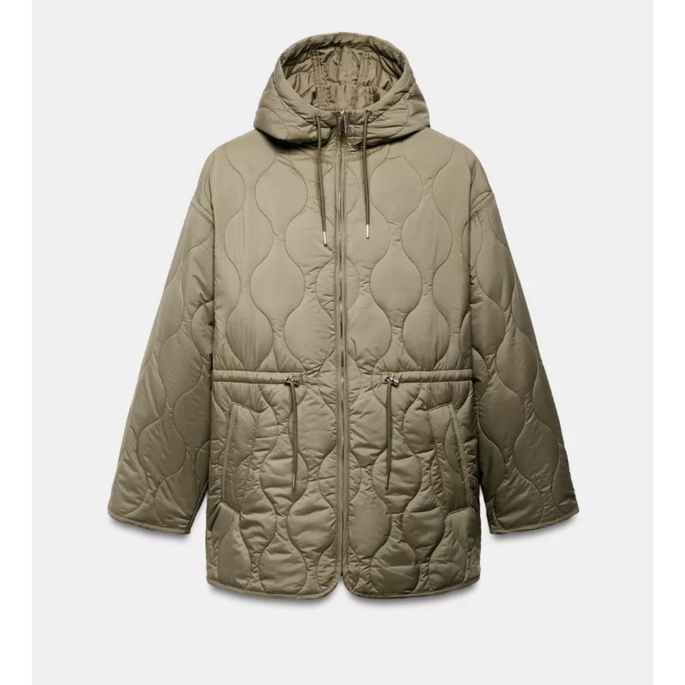 Zara Quilted Hooded Utility Jacket in tan